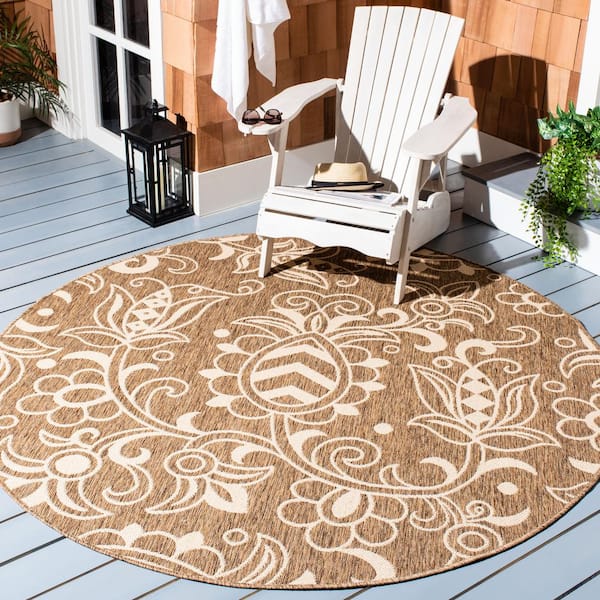 Beach House Brown/Beige 7 ft. x 7 ft. Round Abstract Medallion Indoor/Outdoor Area Rug