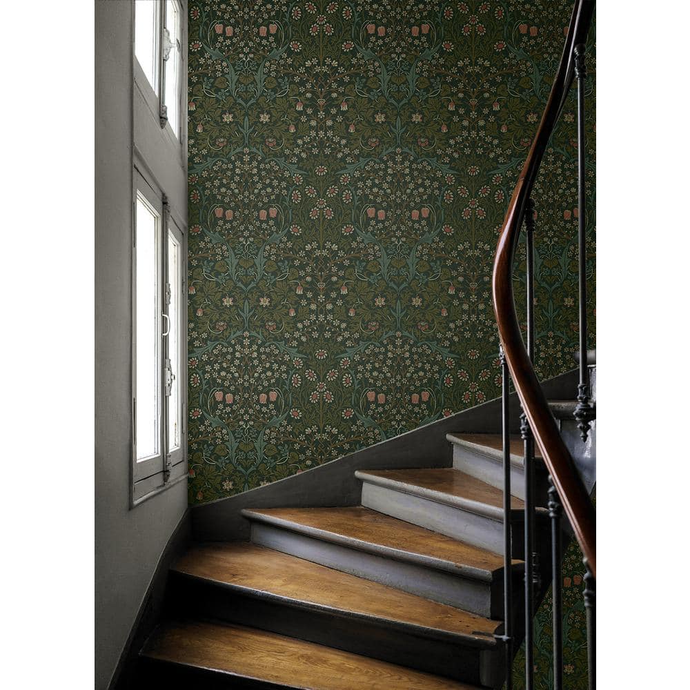 Victorian Garden Green Damask Self-Adhesive Peel and Stick Wallpaper