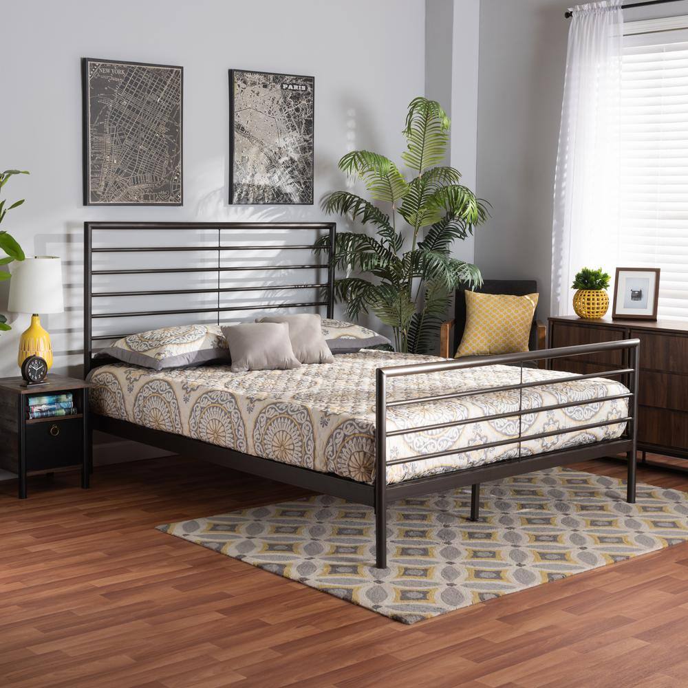 Alva Industrial Black Metal Full Bed with Wood Slats and Open Headboard
