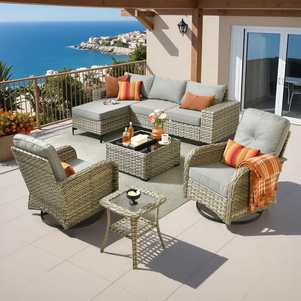 Verano 8-Piece Wicker Patio Conversation Sofa Seating Swivel Rocking Chairs Set with Ottoman and Dark Gray Cushions