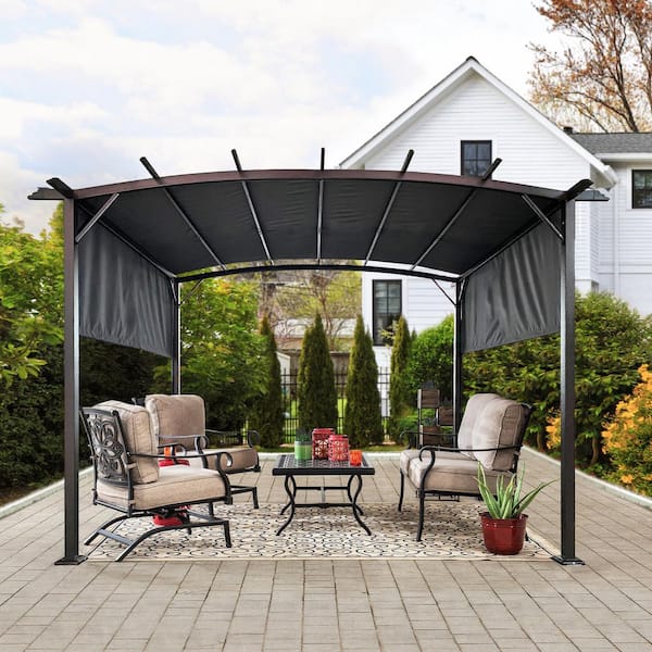 12 ft.. x 9 ft. Outdoor Patio Shade Pergola with Retractable Awning Steel Frame Grape Gazebo for Garden, Backyard