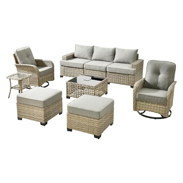 Torino Gray 9-Piece Modern Wicker Patio Conversation Deep Seating Set with Swivel Rocking Chairs and Dark Gray Cushions