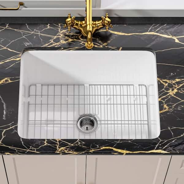 WetBase Kitchen Sink 24 in. Undermount Single Bowl White Kitchen Fireclay Sink Small Fireclay Sink with Grid and Sink Strainer