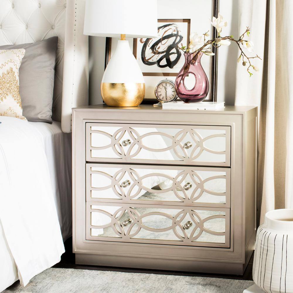 Champagne Silver Transitional 3-Drawer Mirror Chest
