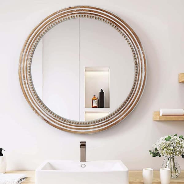 Unbranded 23.62 in. W x 23.62 in. H Rustic Wood Framed Round Bathroom Vanity Mirror Whitewash Edge Decorative Wall Mirror