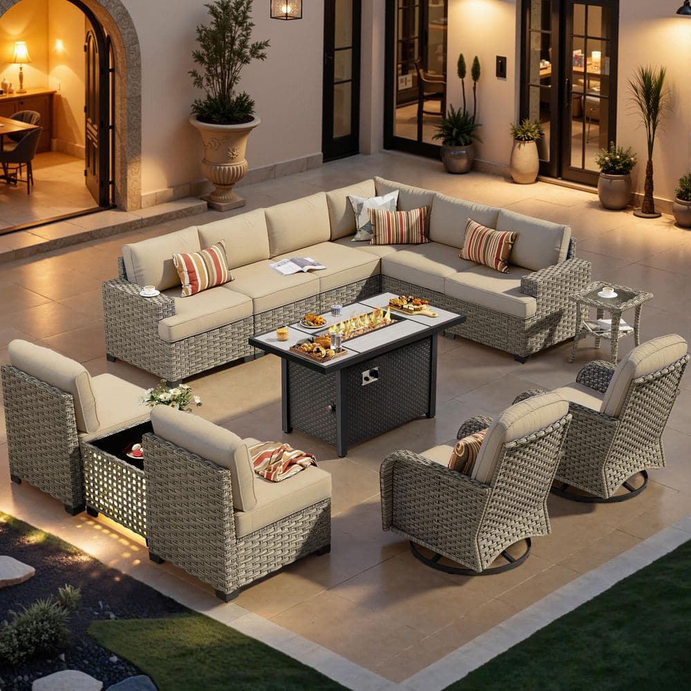 Royale 13-Pieces Wicker Outdoor Patio 42 in. Rectangular Fire Pit Set and Swivel Rocking Chairs with Beige Cushions price history on PriceWatchPro