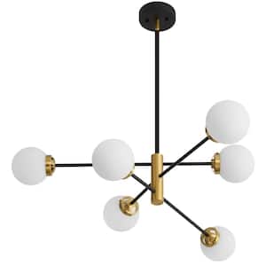 6-Light Vintage Black and Gold Sputnik Chandelier for Living Room, Ceiling Lights with Glass Shade, Bulb Not Included