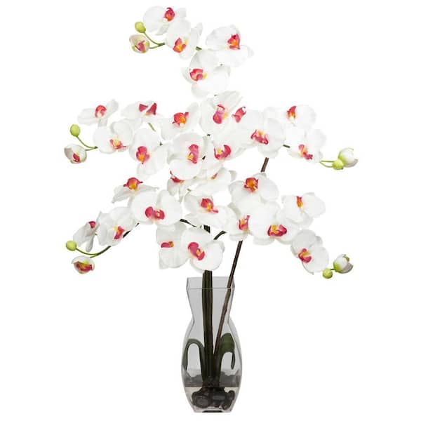 Nearly Natural 29 in. H White Phalaenopsis with Vase Silk Flower Arrangement