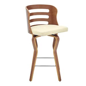 Verne 26 in. Cream Swivel Faux Leather and Walnut Wood Bar Stool