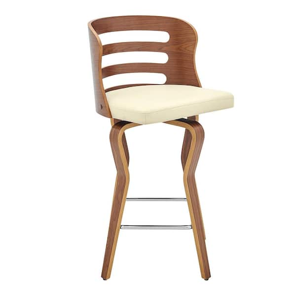 Armen Living Verne 26 in. Cream Swivel Faux Leather and Walnut Wood Bar Stool