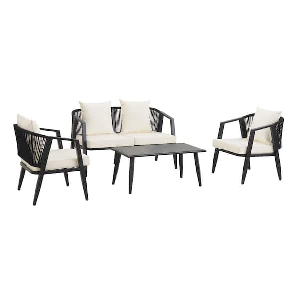 Simplistic 4-Piece Metal Patio Conversation Set with Beige Cushions ...