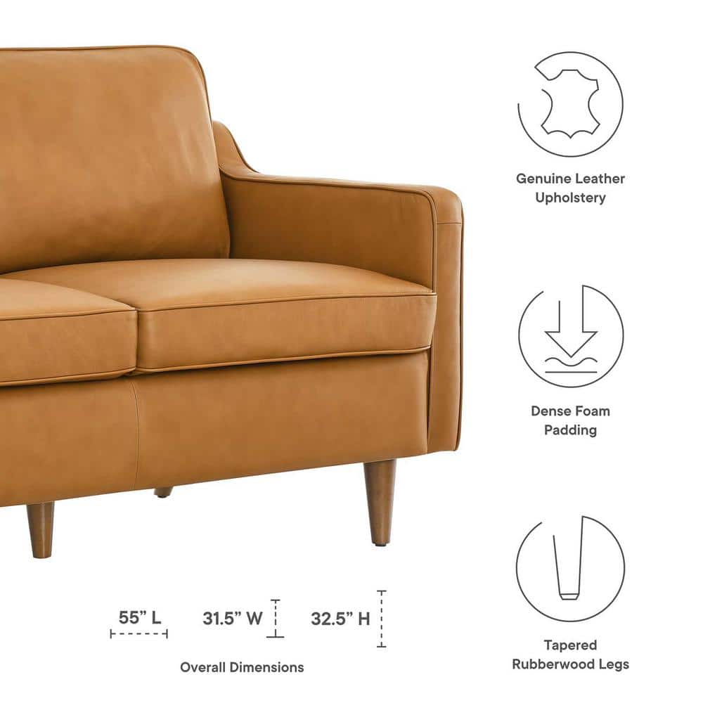 Tan Genuine Leather Split Back Loveseat with Track Arms