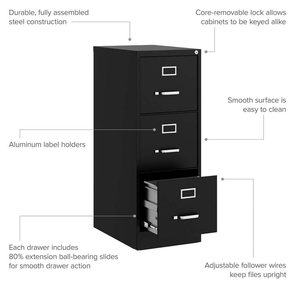 Black Steel 3-Drawer Lockable Vertical File Cabinet
