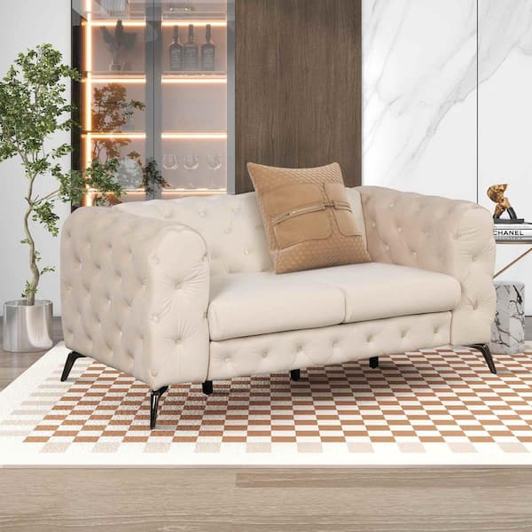 Polibi 63 in. Square Arm Velvet Rectangle Sofa with Button Tufted Back in Beige