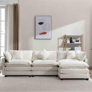 112.2 in. Square Arm Chenille L-Shaped Sofa with Ottoman in Beige