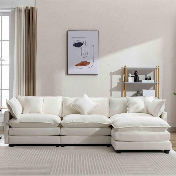 Polibi 112.2 in. Square Arm Chenille L-Shaped Sofa with Ottoman in Beige