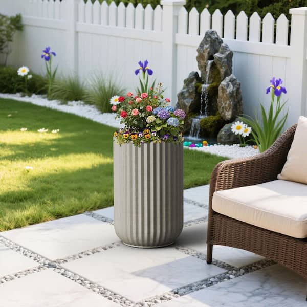 14 in. Large Stone Gray(Upgraded Interior) Concrete Tall Round Planter / Pot Ribbed Design Plant Pot with Drainage Hole