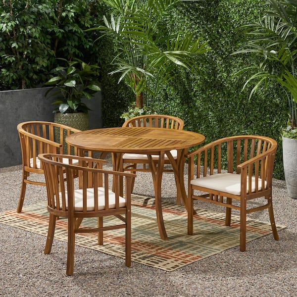 Alondra Teak Brown 5-Piece Wood Round Outdoor Patio Dining Set with Cream Cushions