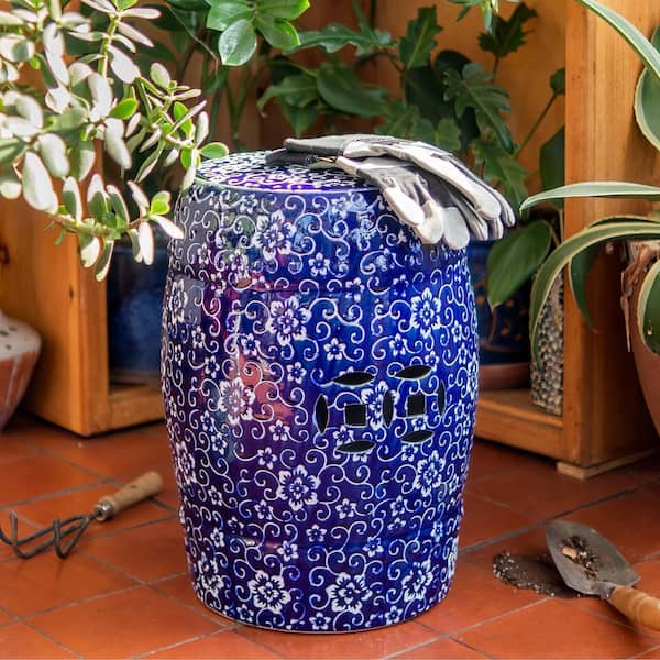 Red Lantern White Flowers on Blue Ceramic Garden Stool
