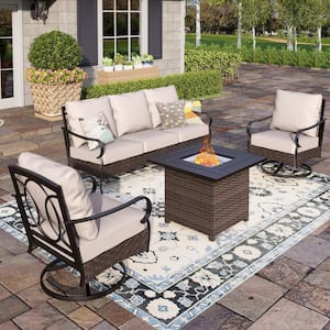 Black Rattan 4-Piece Steel Outdoor Patio Conversation Set with Beige Cushions & Square Wicker Fire Pit Table