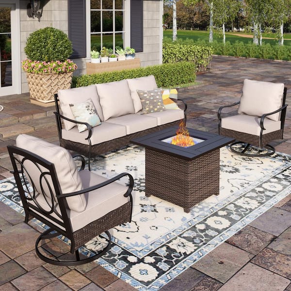 PHI VILLA Black Rattan 4-Piece Steel Outdoor Patio Conversation Set ...