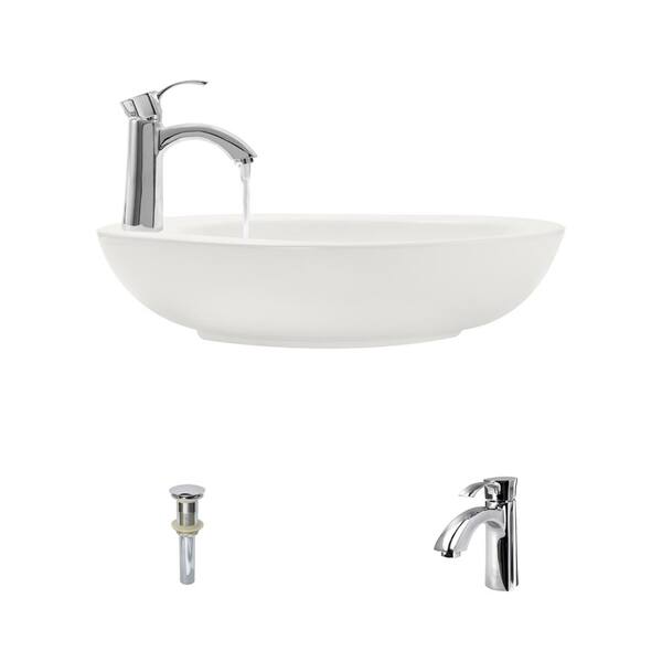 MR Direct Porcelain Vessel Sink in Bisque with 725 Faucet and Pop-Up Drain in Chrome