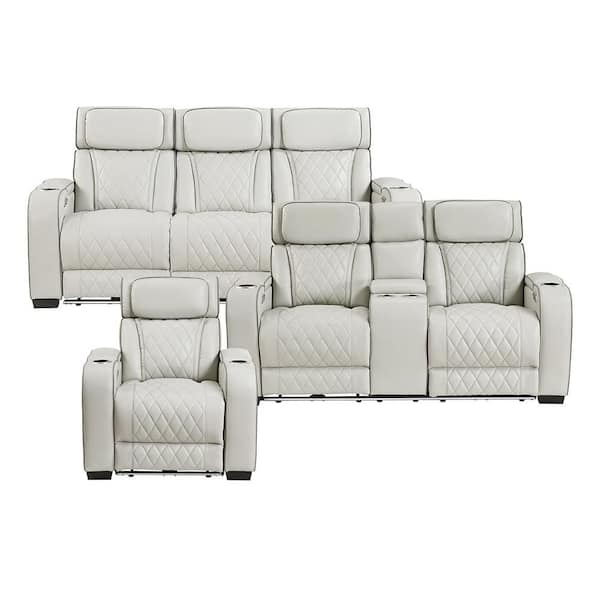 Clumber 84 in. W Pillow Top Arm Faux Leather Rectangle 3-Piece Power Double Reclining Sofa Set in Taupe
