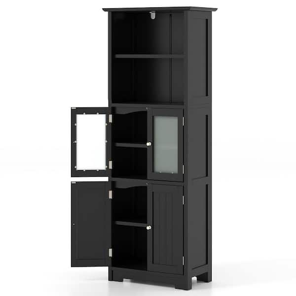 24 in. W x 12 in. D x 64 in. H Black Freestanding Bathroom Linen Cabinet with 2 Open Compartments and Adjustable Shelves