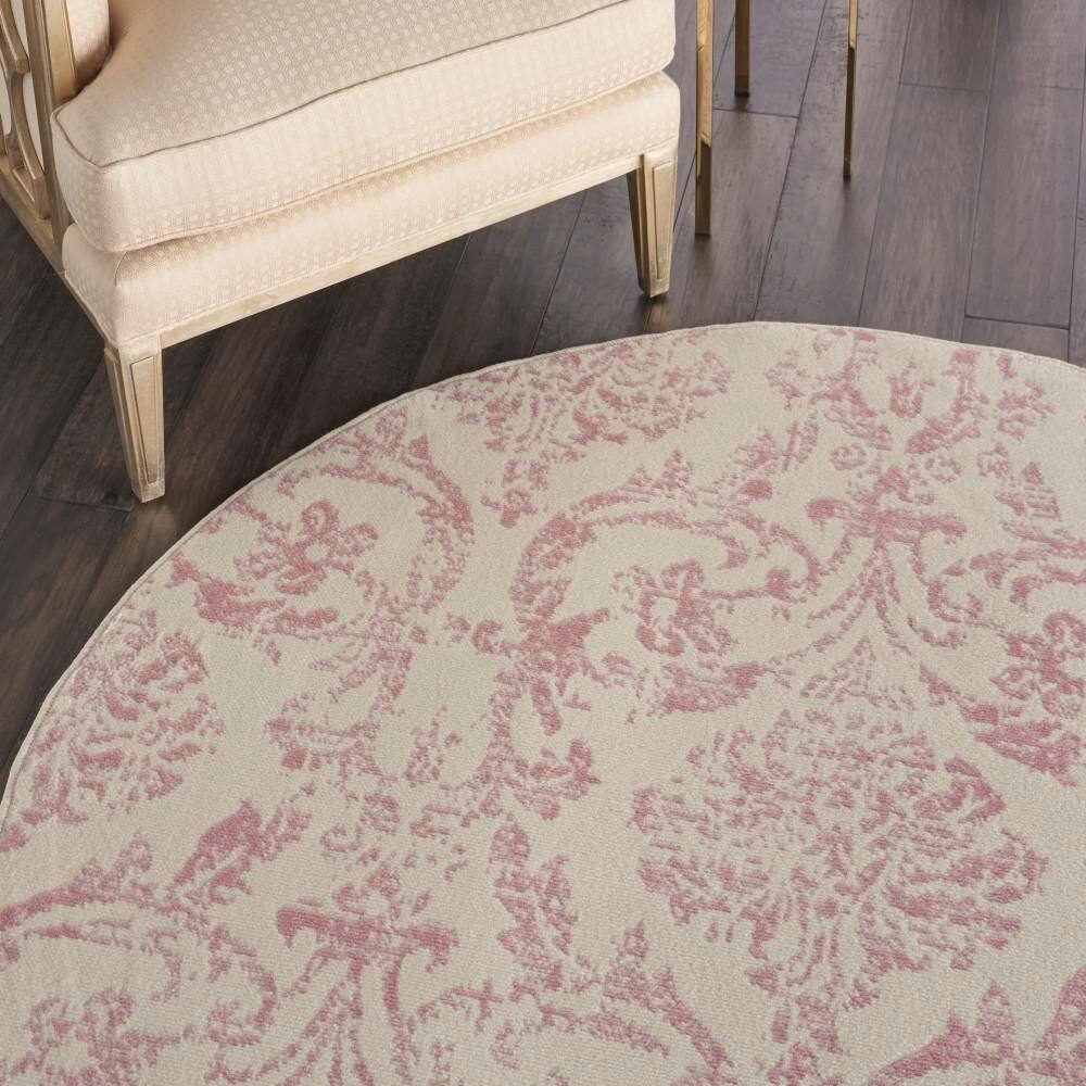 Jubilant Ivory and Pink Round Synthetic Area Rug, 5'3"