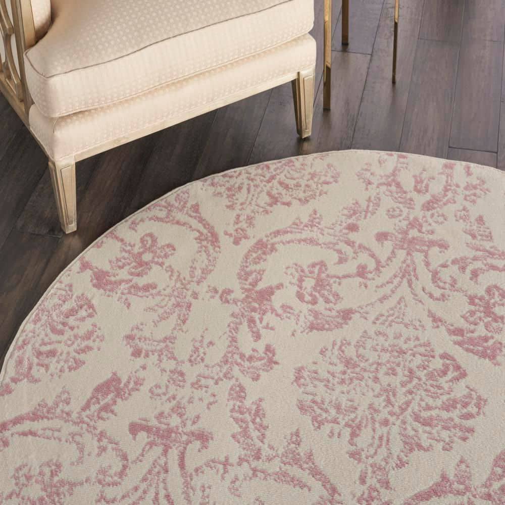 Jubilant Ivory and Pink Round Synthetic Area Rug, 5'3"