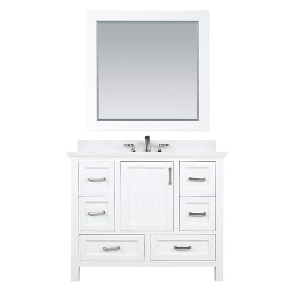 Altair Isla 42 in. Single Bathroom Vanity in White with Composite Stone Vanity Top in Carrara with White Basin and Mirror