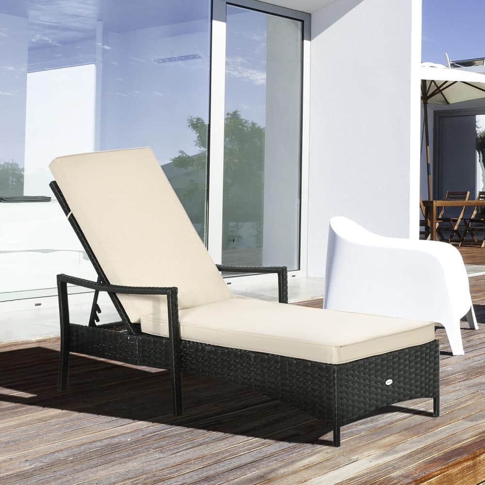 Beige Adjustable Wicker Outdoor Chaise Lounge with Cushions