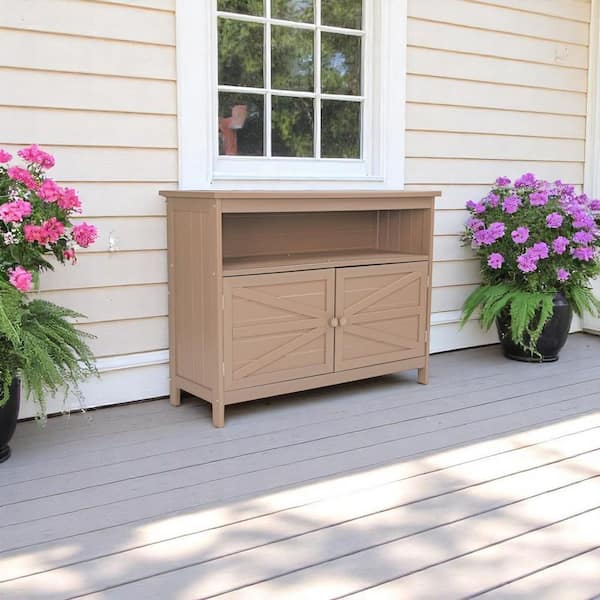 Adirondack Brown Rectangle HDPE 33.5 in. H Outdoor Side Table Consle Table With Storage And Shelves