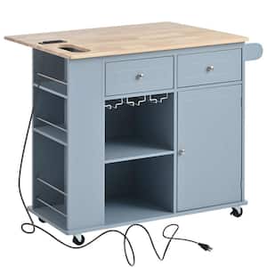 Blue Wood 39.8 in. Kitchen Island with Power Outlet, Drop Leaf and Rubber Wood, Open Storage and Wine Rack, 5-Wheels