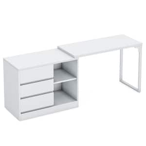 Capen 39.37 in. L-Shaped White Engineered Wood 3-Drawer Computer Desk Rotating Office Desk with Storage Shelves