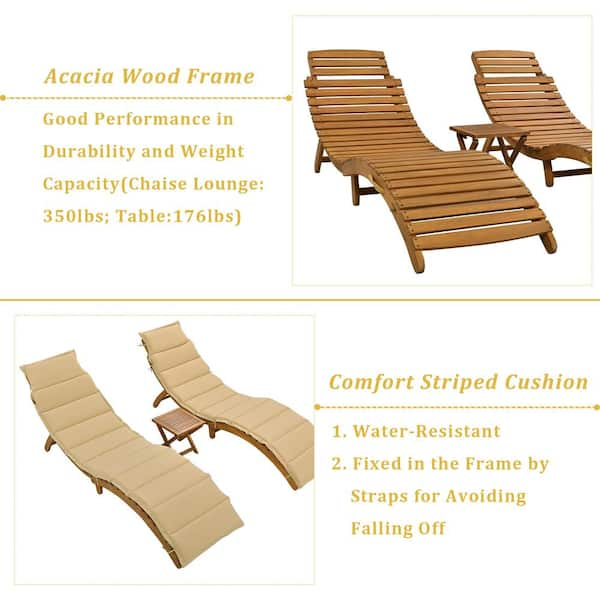 AUTMOON 3-Piece Wood Outdoor Patio Portable Extended Chaise Lounge Set with  Yellow Cushion (2 Lounges+1 Table) WF300021AAD - The Home Depot