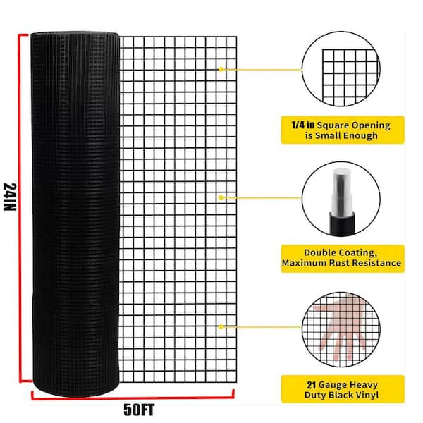 Black Vinyl Coated Welded Fence Mesh 1/4 in. 24 in. x 50 ft. 21-Gauge, Garden Home Chicken Deer Rabbit Barrier Safety