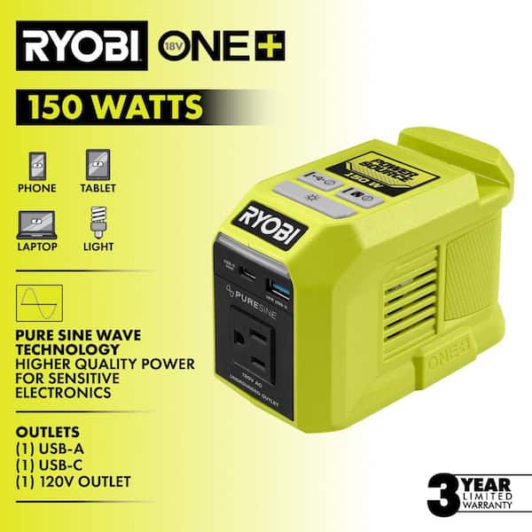 RYOBI 18V ONE+ 150-Watt Portable Battery Inverter Power Source