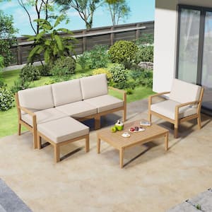 6 Piece PE Wicker Outdoor Patio Sectional Sofa Set with Acacia Coffee Table and Removable Seat Cushion Beige