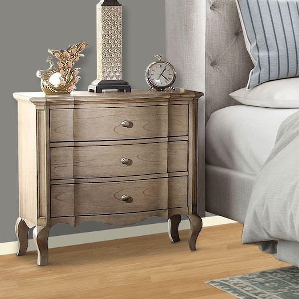 Benzara Three Drawer Antique Taupe Nightstand with Scalloped Bottom Edge and Cabriole Leg