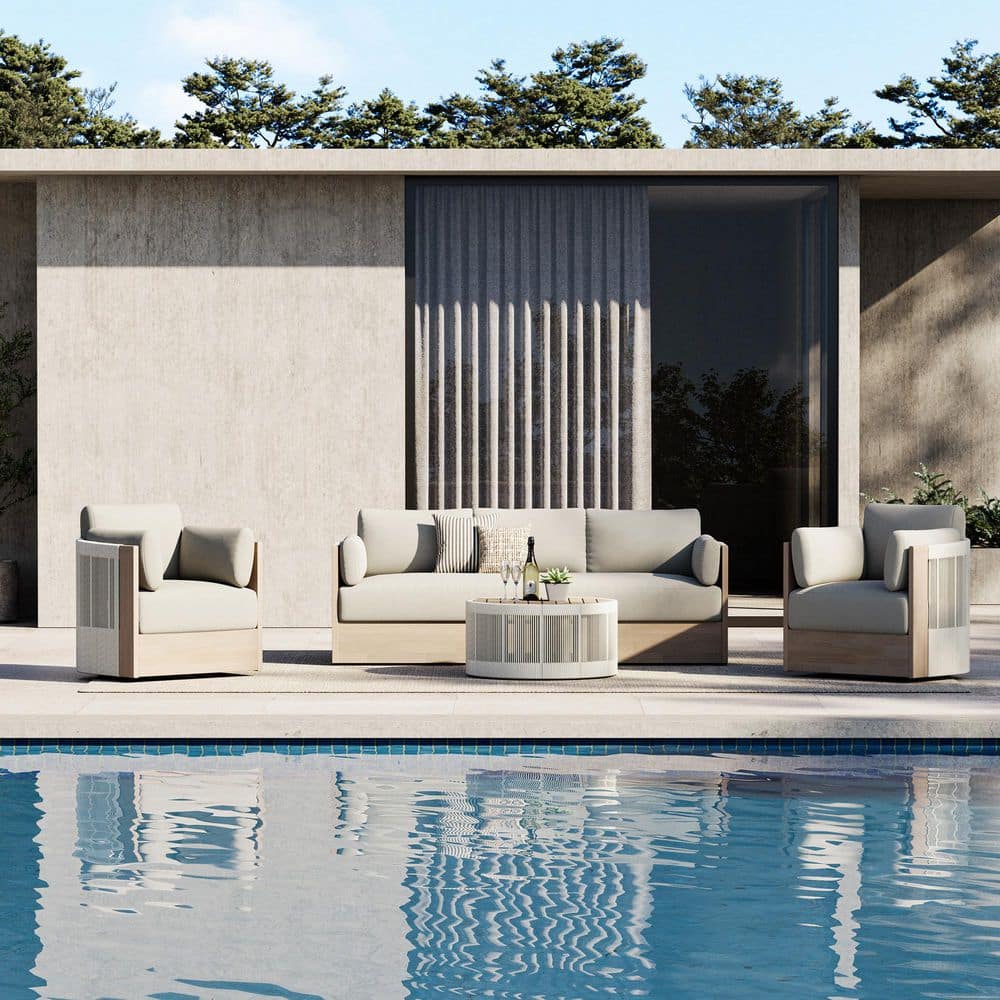 Tavio 4-Piece Olefin Cream Patio Conversation Set with 2 Swivel Chairs and Coffee Table, Acacia Wood,with 7.9in Cushions
