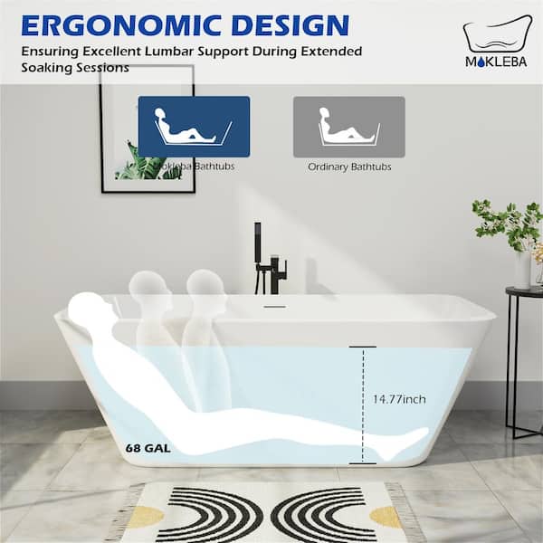 59 in Contemporary Design Flat Bottom Freestanding Bathtub cUPC Certified Soaking Tub in White