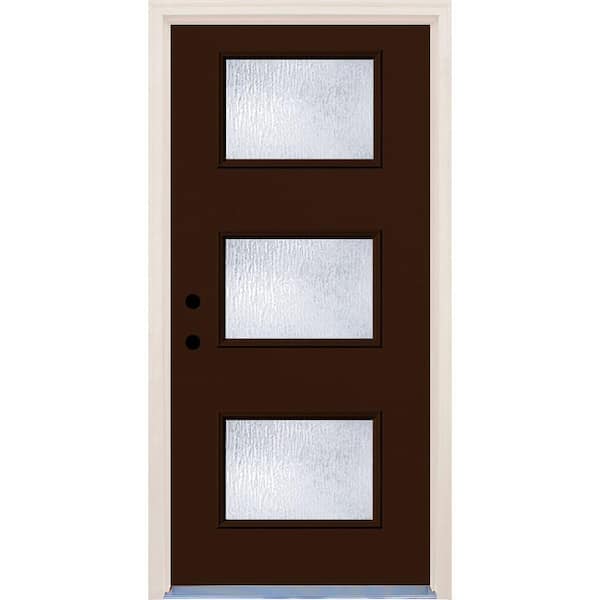 Builders Choice 36 in. x 80 in. Right-Hand Earthen 3 Lite Rain Glass Painted Fiberglass Prehung Front Door with Brickmould