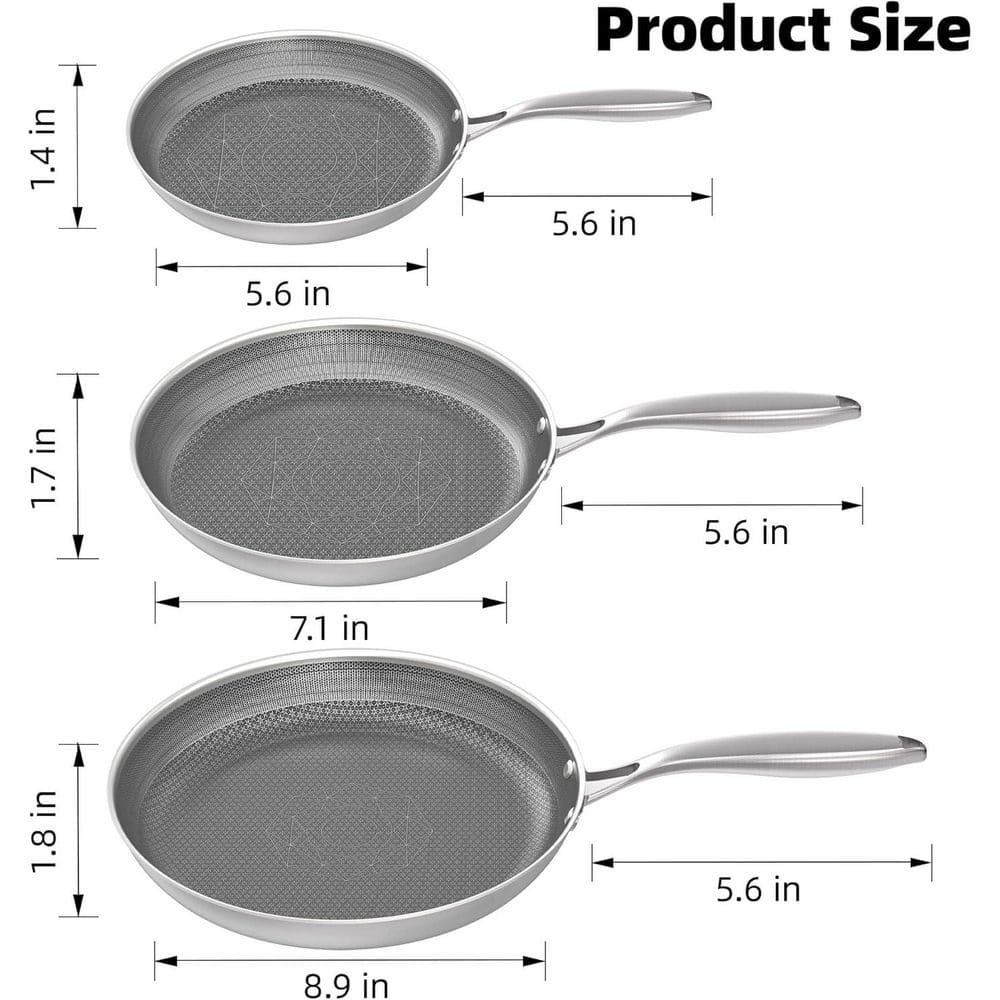Tri Ply Stainless Steel Nonstick Frying Pan and Skillet Set Induction Oven Safe Stay Cool Handles 3-Pack - Thumbnail 3