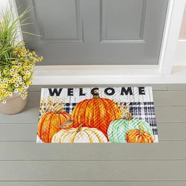 Checkered Fall Harvest Pumpkin Doormat 18 x 30 Orange