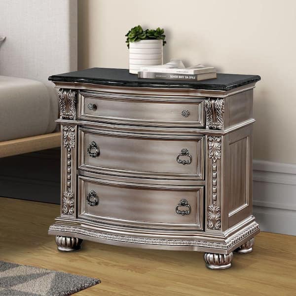 Benjara 3-Drawer Silver Solid Wood Nightstand with Marble Top 19.25 in. L x 34.25 in. W x 32.5 in. H