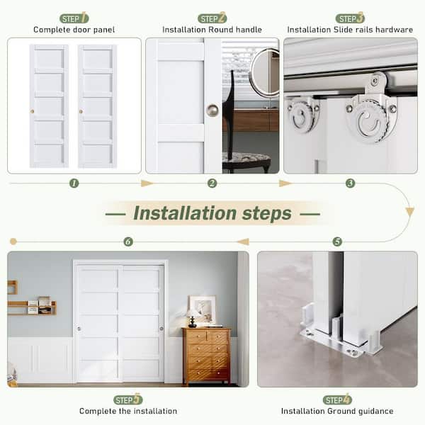 48 in. x 80 in. (Double 25 in.) H-style Solid Core Wood White Finished Composite Wood Sliding Door with Hardware
