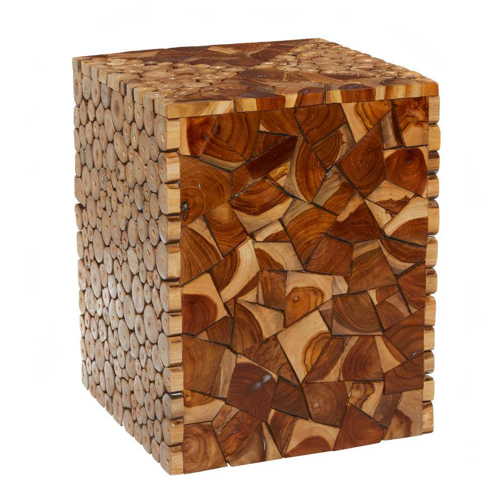 Handcrafted 14" Brown Teak Wood Mosaic Accent Table