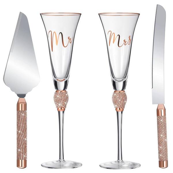 4-Piece Wedding Crystal Champagne Flutes Cake Knife Server Set Rhinestone Rose Gold Bridal Shower Gift