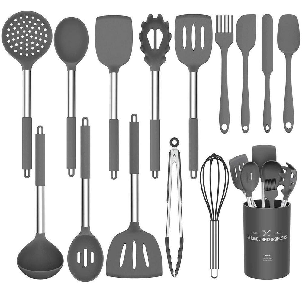 15-Piece Silicone Cooking Kitchen Utensils Set, Non-stick Kitchen Cookware with Stainless Steel Handle, Gray